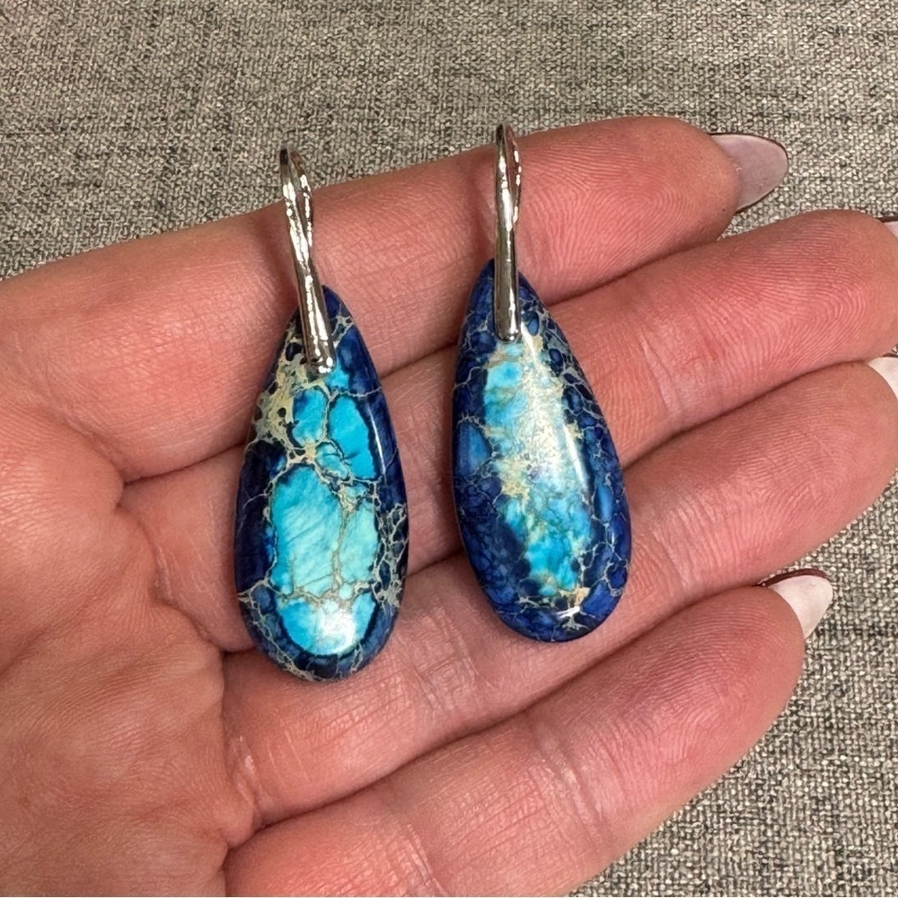 Silver & Blue Natural Imperial Stone Water Drop Tear Drop Earrings Nwt - Picture 4 of 9